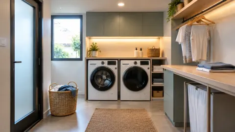 Ruang laundry dengan lampu kerja di atas dua mesin cuci