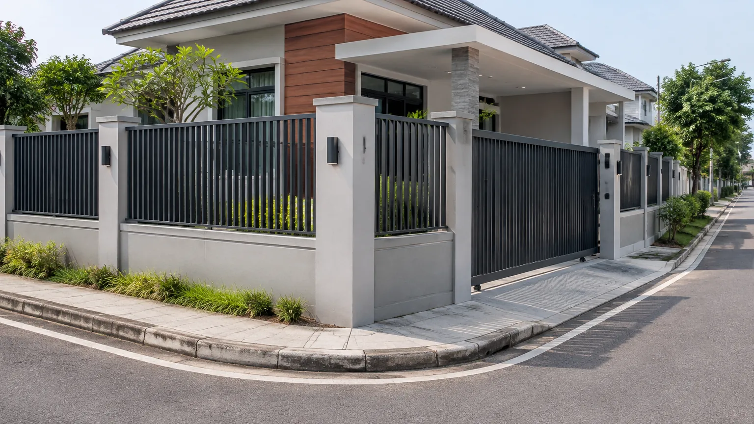 Pagar logam di sudut rumah menghadap jalan