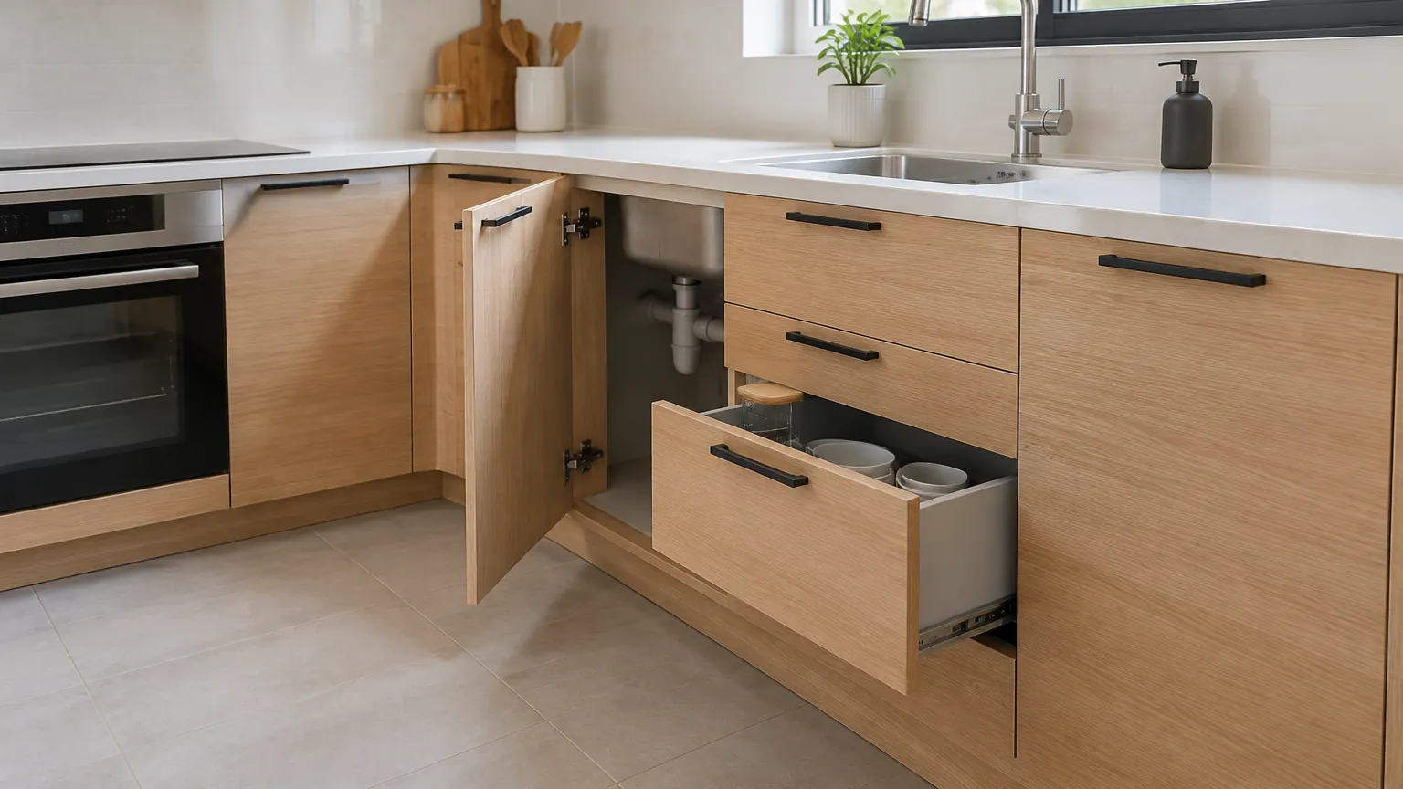 Kitchen set kayu dengan laci dan pintu terbuka