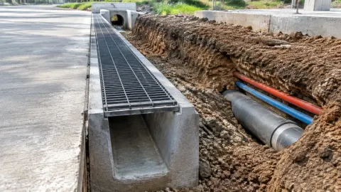 Saluran drainase terbuka dalam galian di tepi jalan