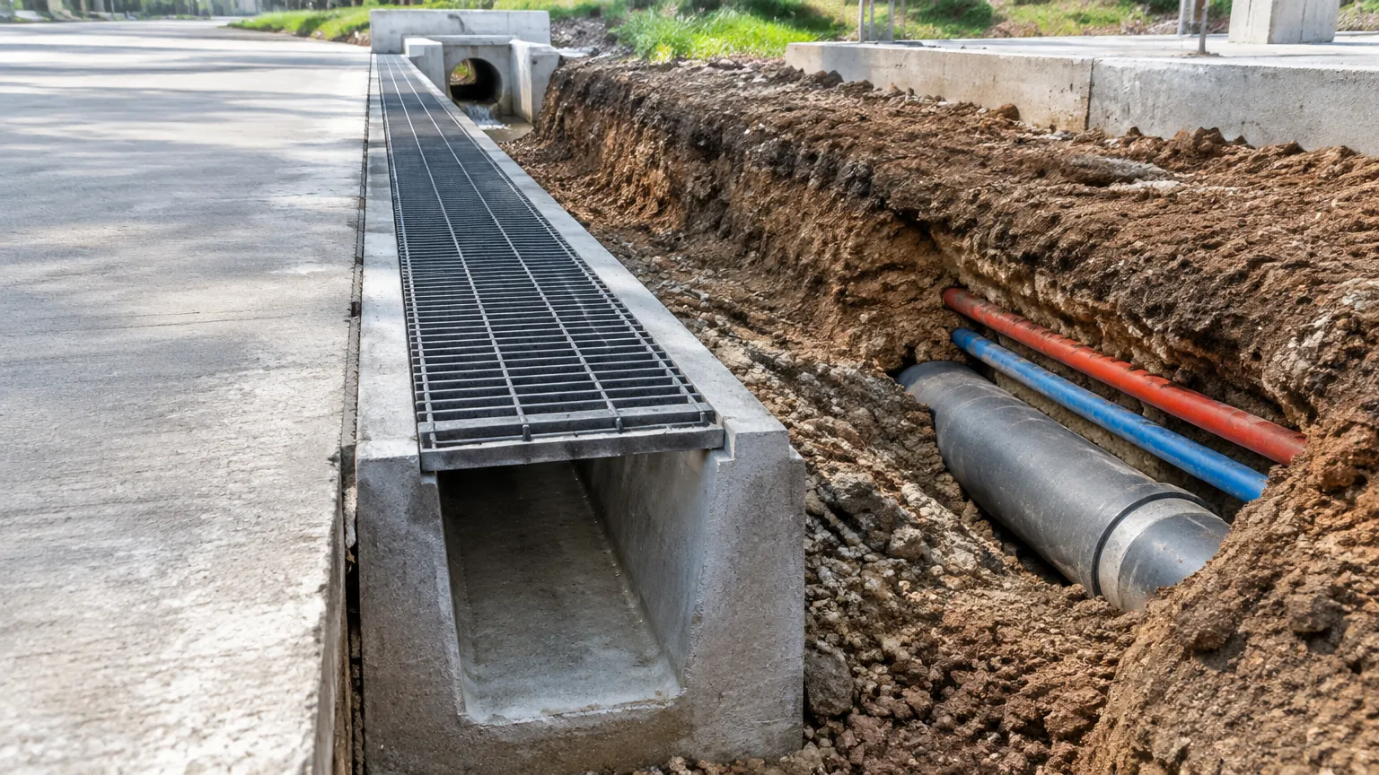Saluran drainase terbuka dalam galian di tepi jalan