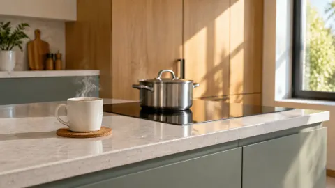 Panci panas di atas meja dapur dekat kabinet