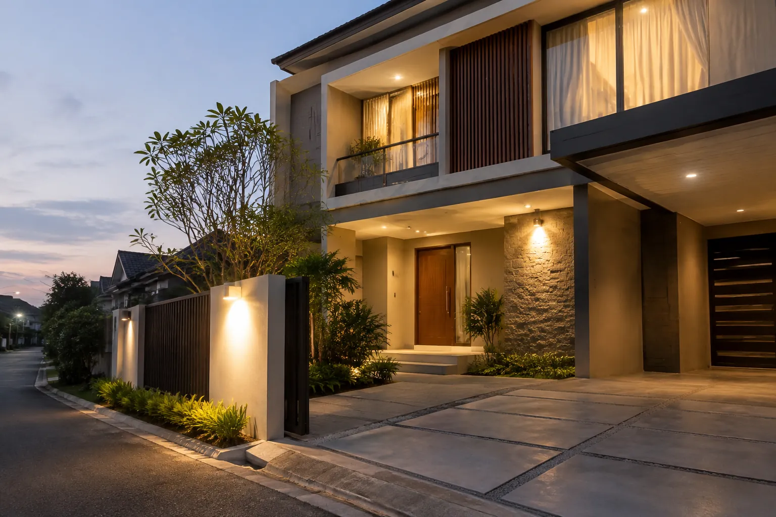 Fasad rumah bertingkat dengan beberapa lampu menyala saat senja