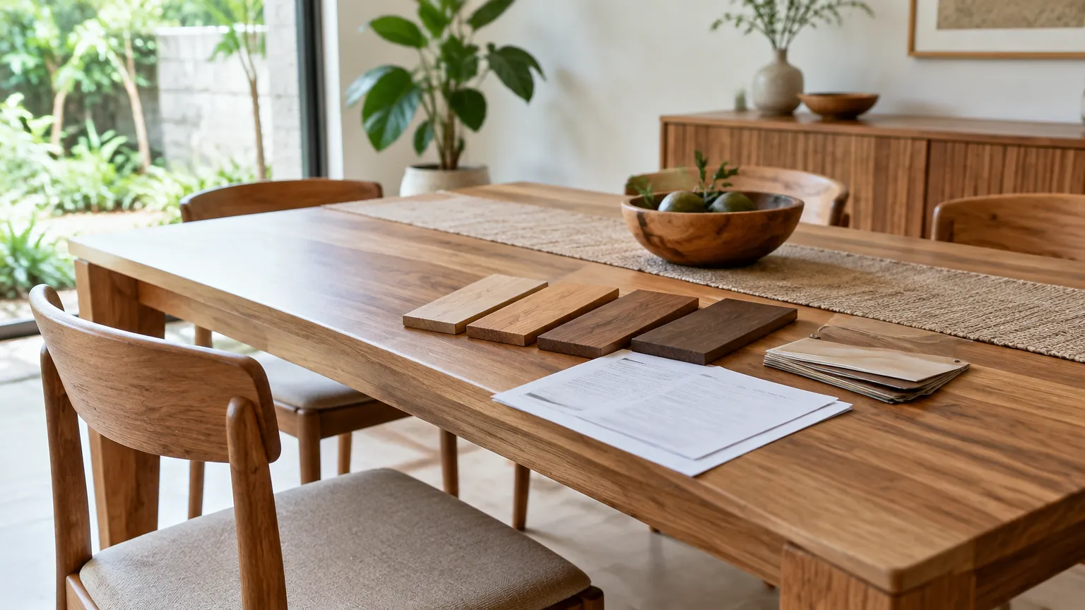 Meja makan kayu dan kursi dengan contoh bahan