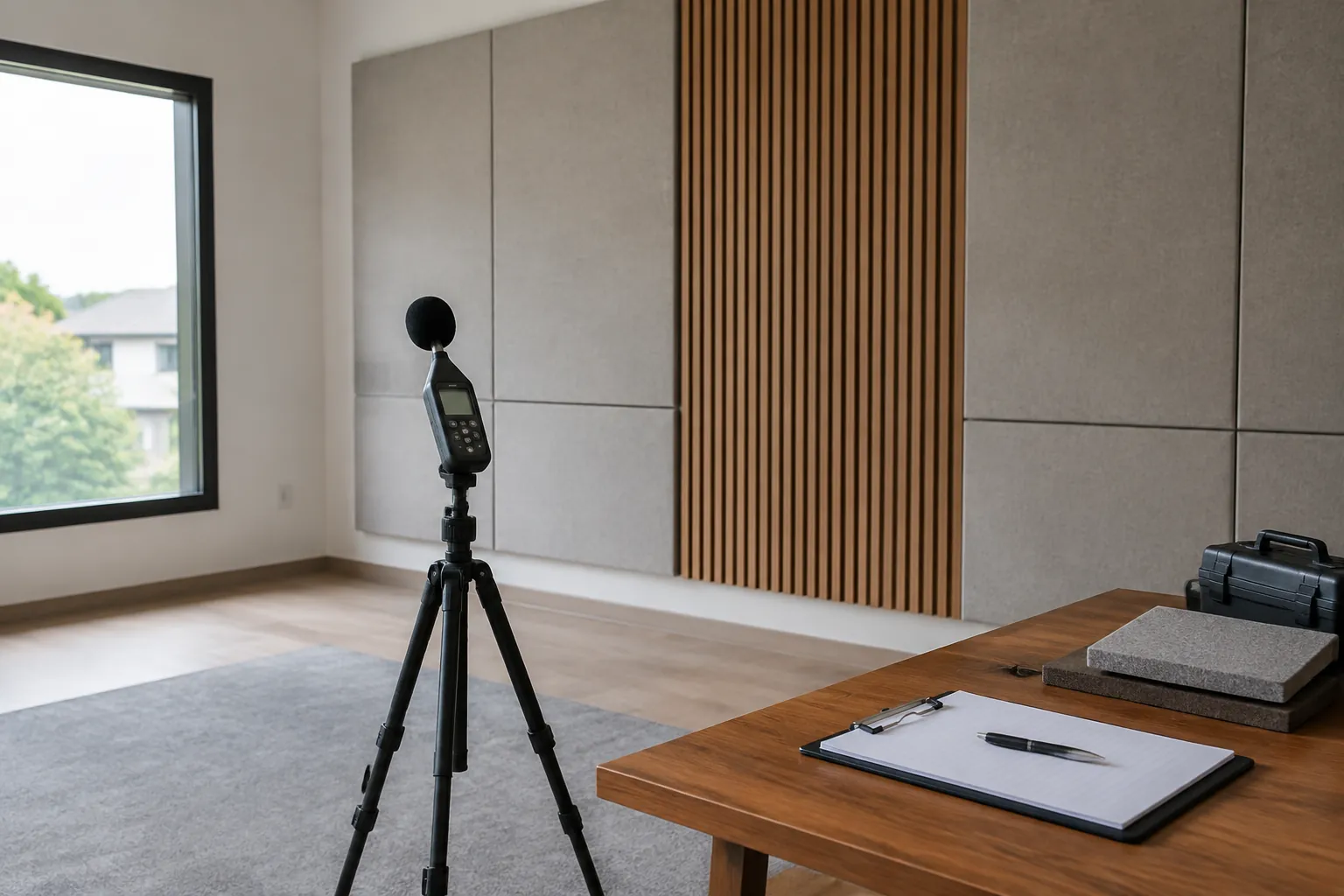 Mikrofon ukur pada tripod diarahkan ke dinding berpanel