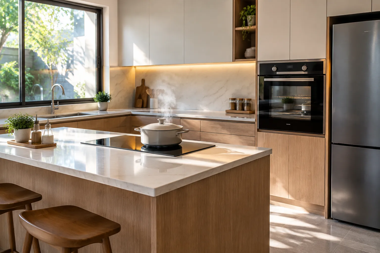 Panci panas berada di kompor dekat meja dan kabinet dapur
