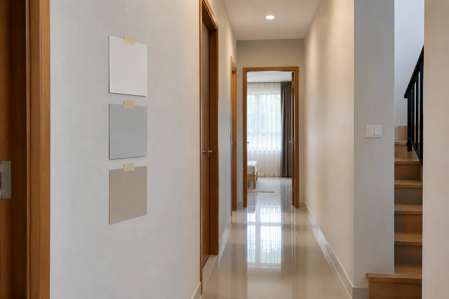 Contoh warna terang ditempel pada dinding lorong