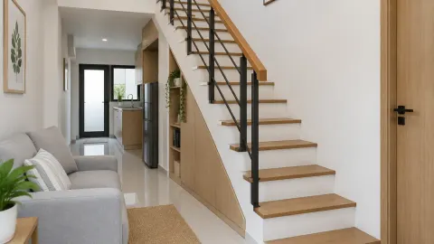 Tangga di rumah sempit dekat ruang keluarga