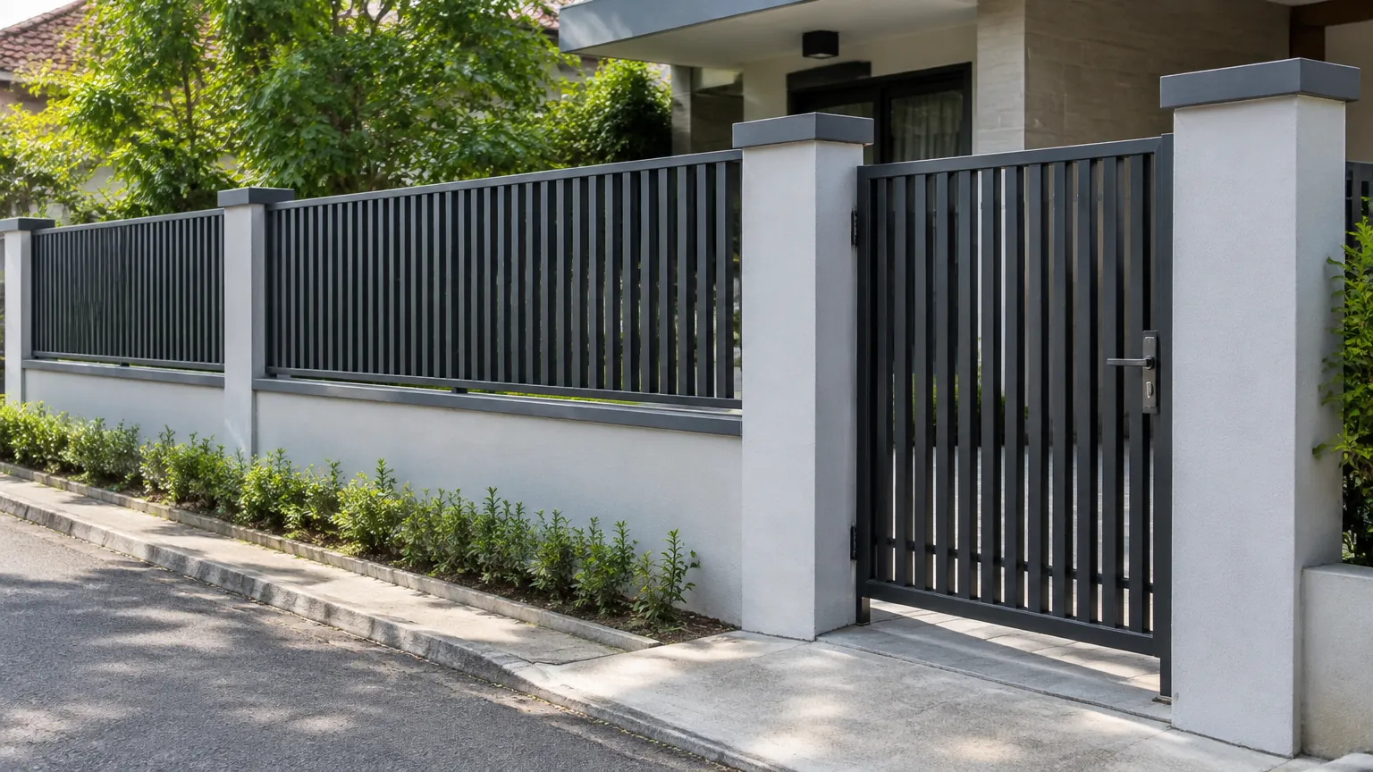 Pagar logam pada batas depan rumah