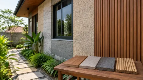 Fasad rumah dengan bilah kayu dan panel batu di sisi jendela