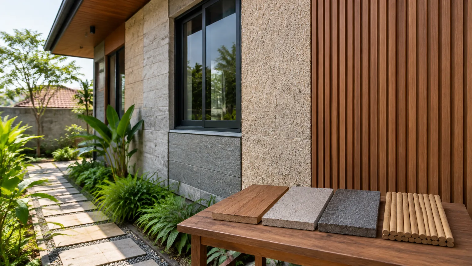 Fasad rumah dengan bilah kayu dan panel batu di sisi jendela