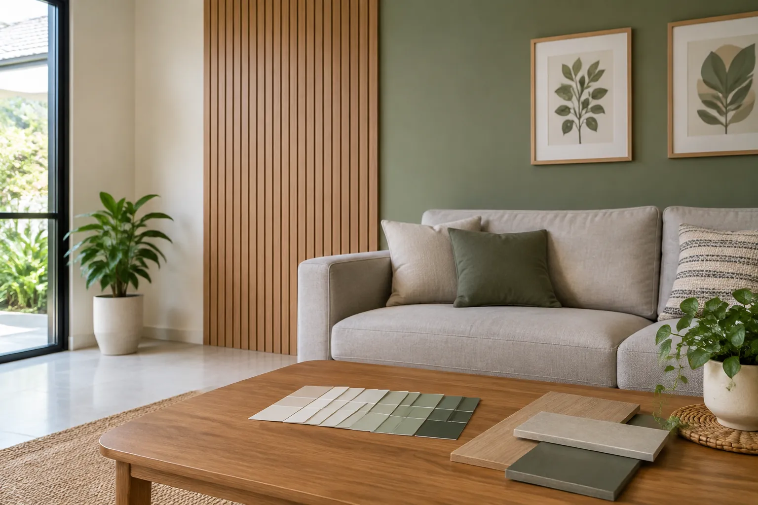 Panel kayu dan sampel warna pada ruang duduk rumah