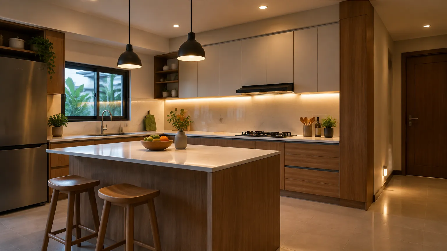 Dapur dengan lampu gantung di atas meja tengah dan lampu di bawah kabinet
