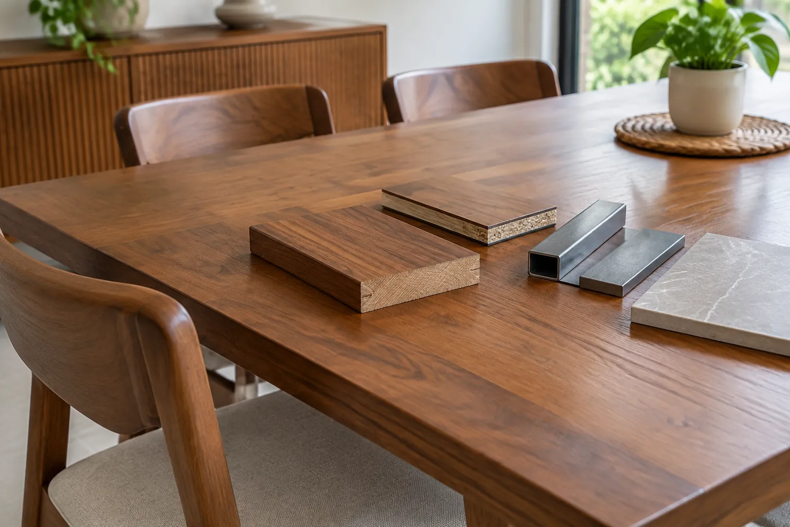 Contoh potongan bahan furnitur diletakkan di atas meja kayu