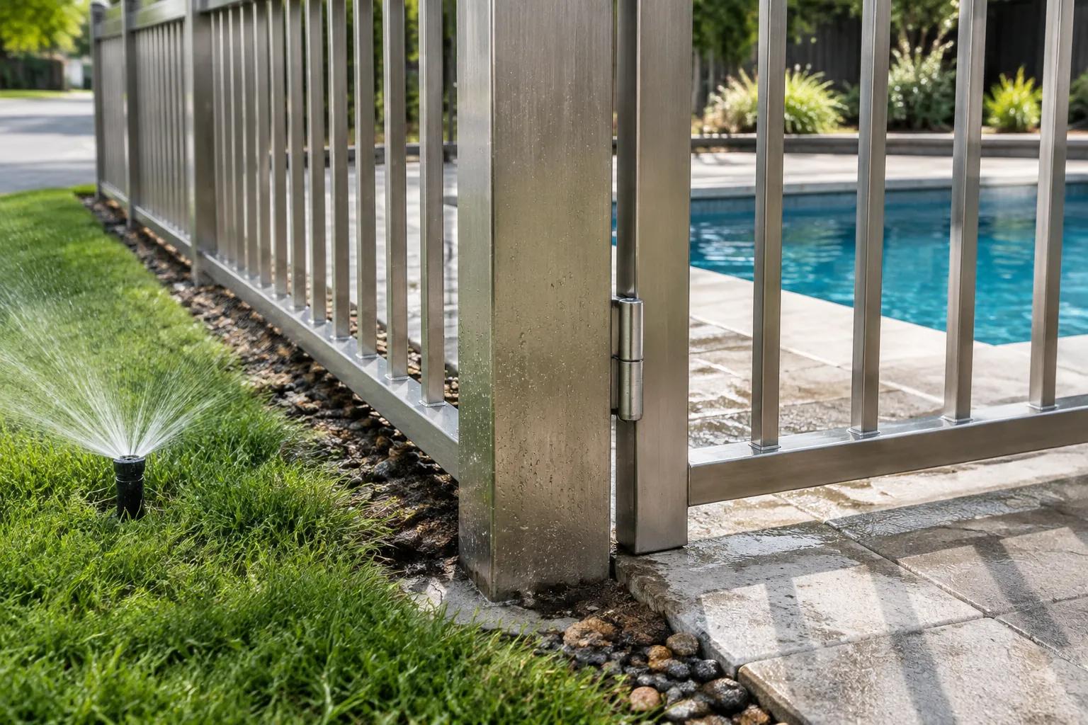Detail tiang dan engsel gerbang logam dekat kolam