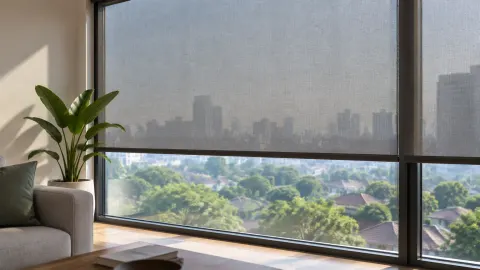 Tirai layar surya menutup sebagian jendela ruang duduk