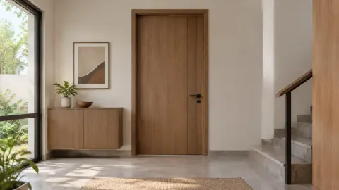 Pintu kayu dengan dinding putih dan tangga di sisi kanan