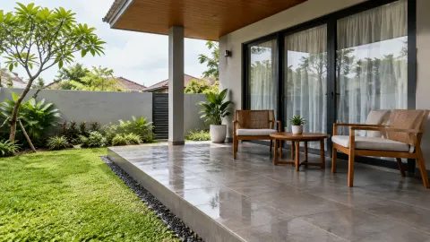 Teras beratap dengan meja dan kursi menghadap halaman