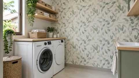 Wallpaper motif daun di ruang laundry