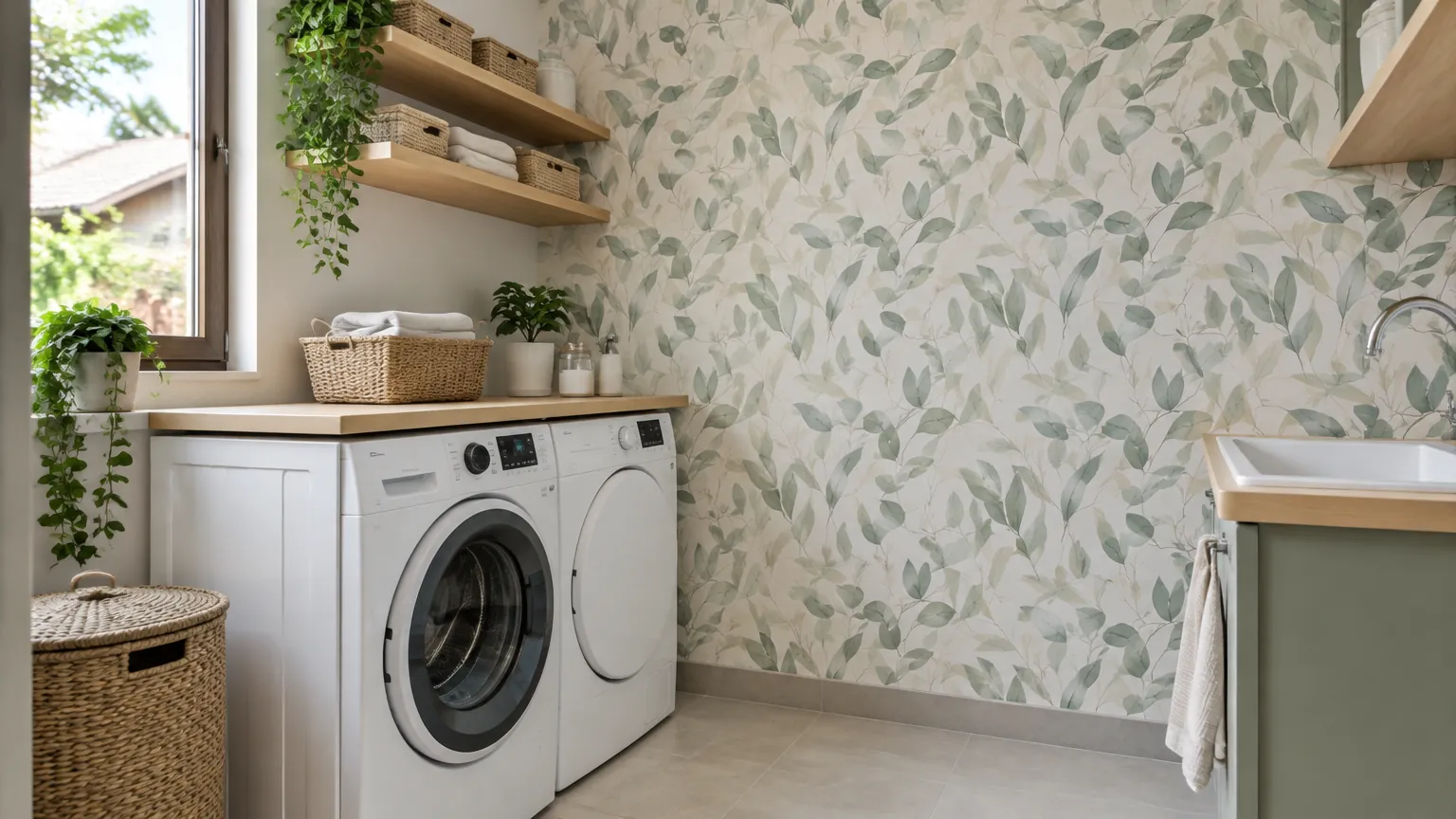 Wallpaper motif daun di ruang laundry