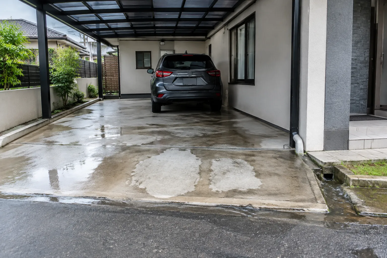 Genangan tersebar pada lantai carport setelah hujan