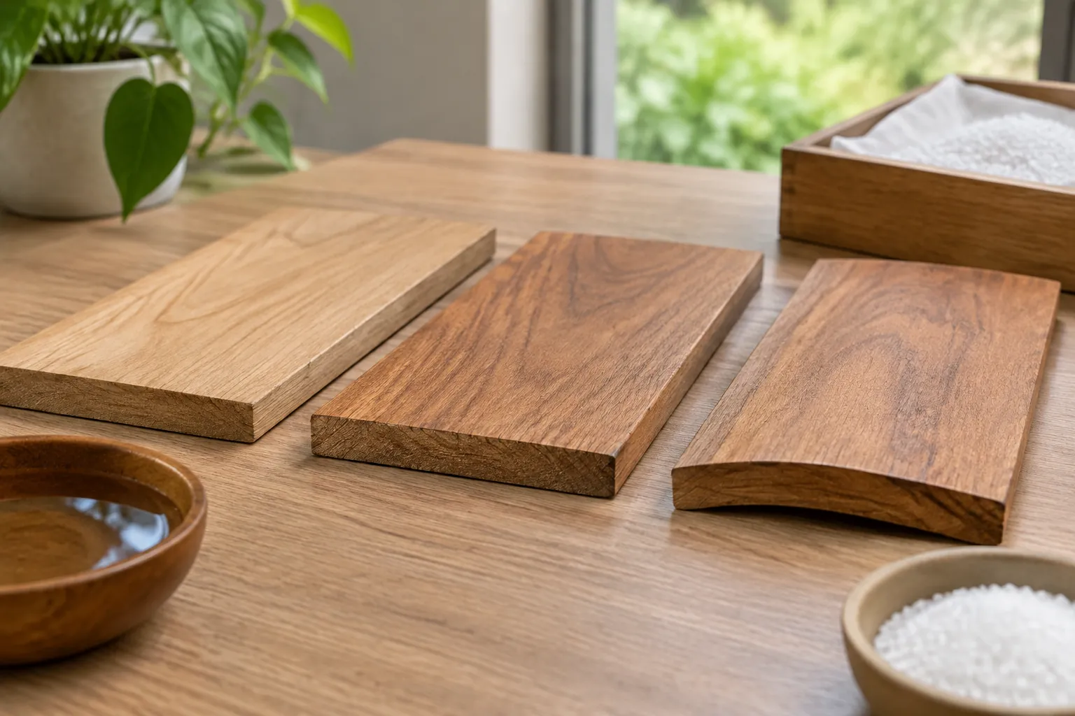 Tiga sampel papan kayu dengan serat berbeda