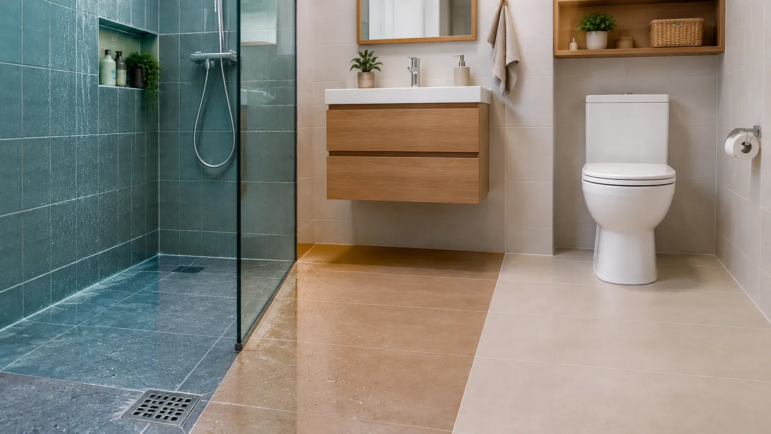 Kamar mandi dengan area pancuran dan wastafel terpisah