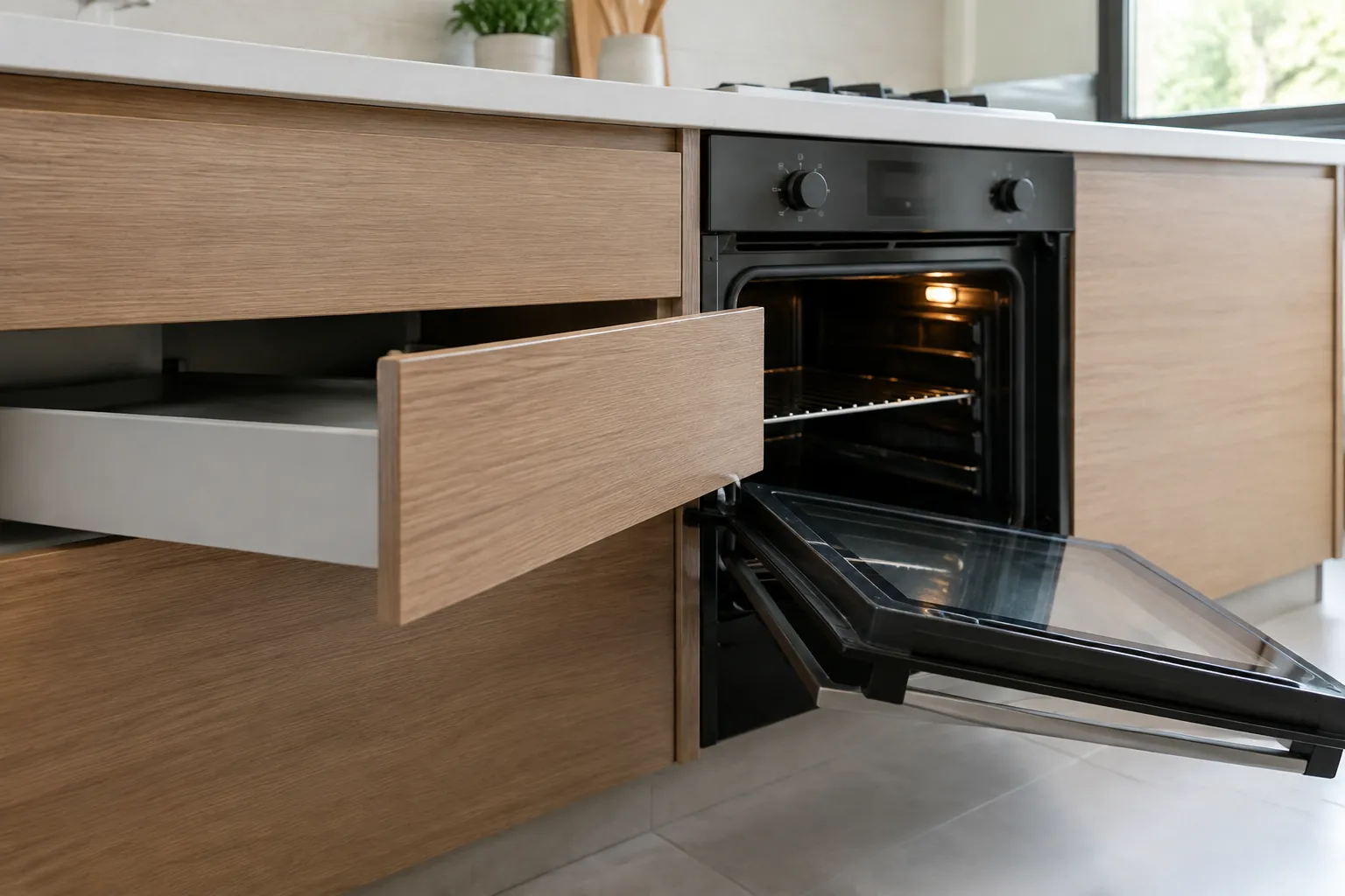 Laci dapur terbuka dekat oven