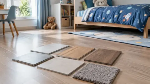 Sampel bahan lantai di depan tempat tidur anak