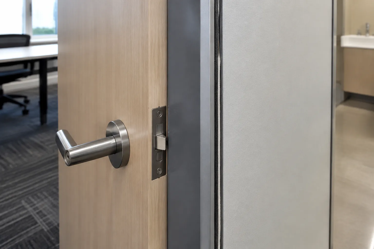 Sambungan pintu dan partisi panel terlihat dekat ruang kerja