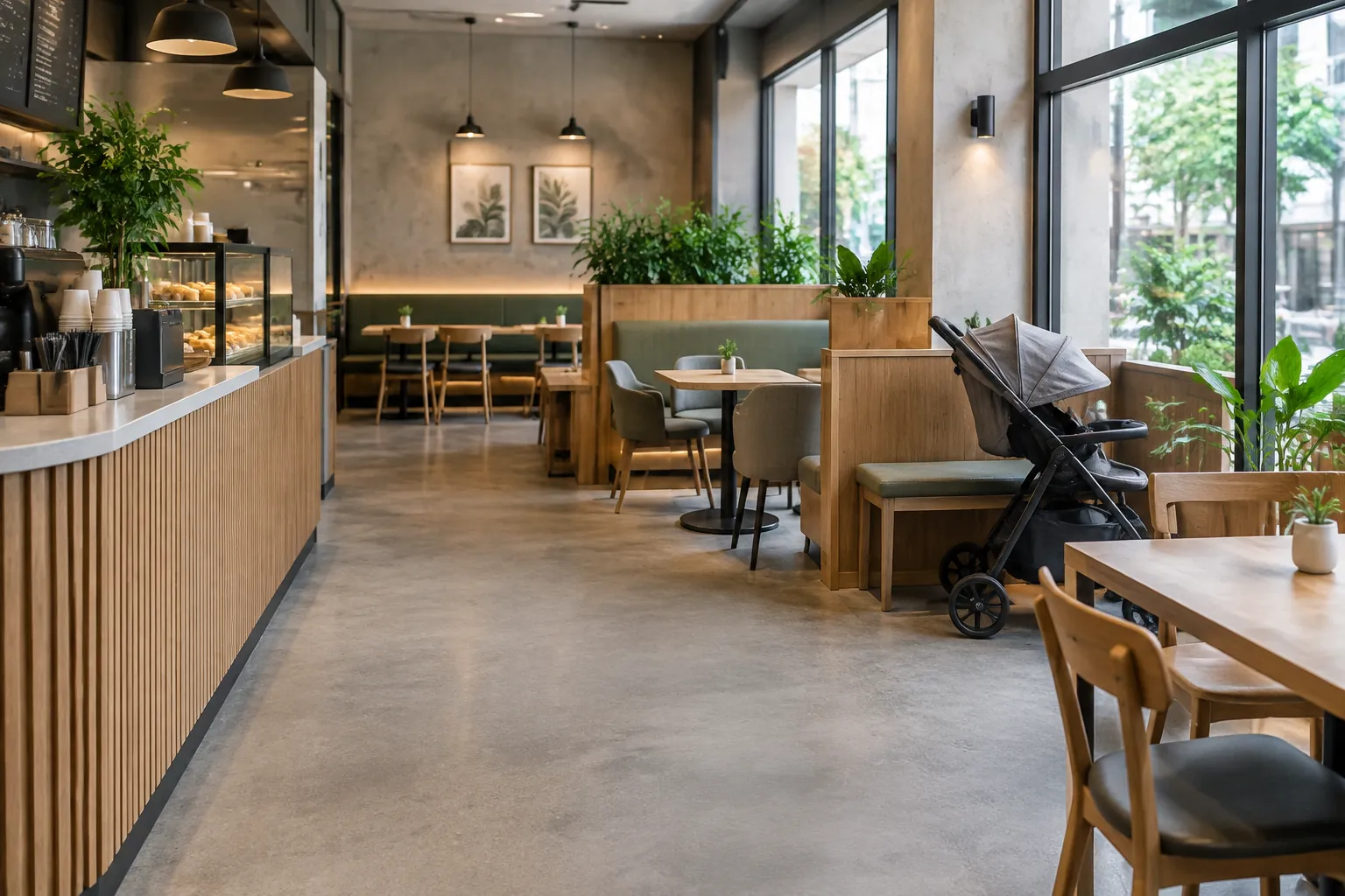 Area duduk kafe dengan meja dan kereta bayi