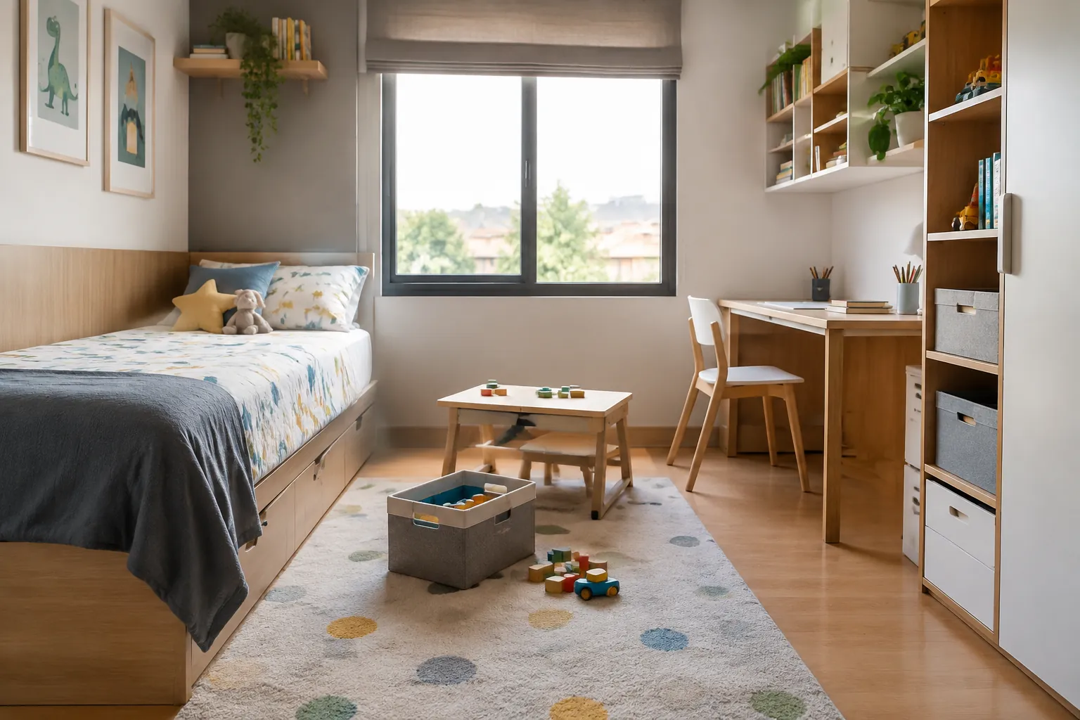 Tempat tidur anak, area bermain, dan meja belajar berada pada zona berbeda