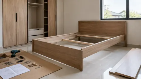 Rangka tempat tidur kayu sedang dipasang di dalam kamar
