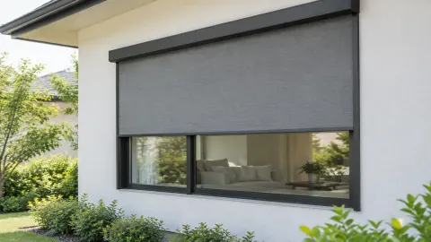 Tirai luar ruang menutupi sebagian jendela rumah