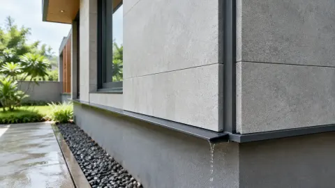 Sudut fasad rumah berlapis panel abu-abu dengan pipa air di tepinya