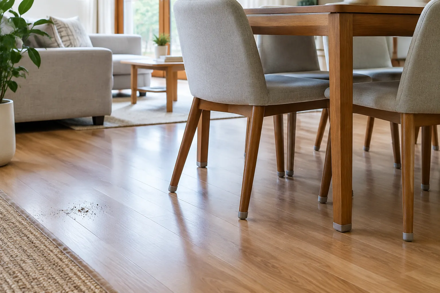 Lantai kayu ruang keluarga di antara sofa dan meja makan