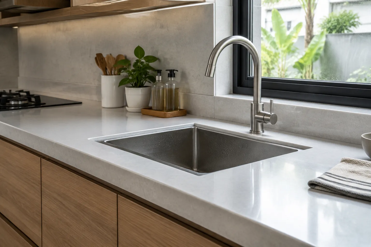 Sampel bahan meja di sebelah bak cuci dapur