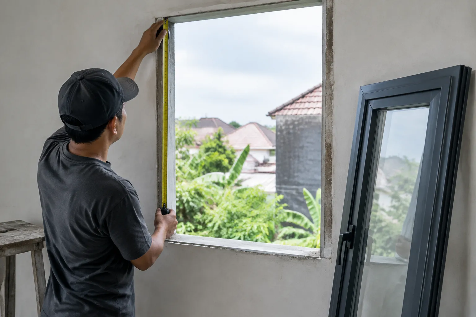 Pekerja mengukur bukaan jendela sebelum kusen dipasang