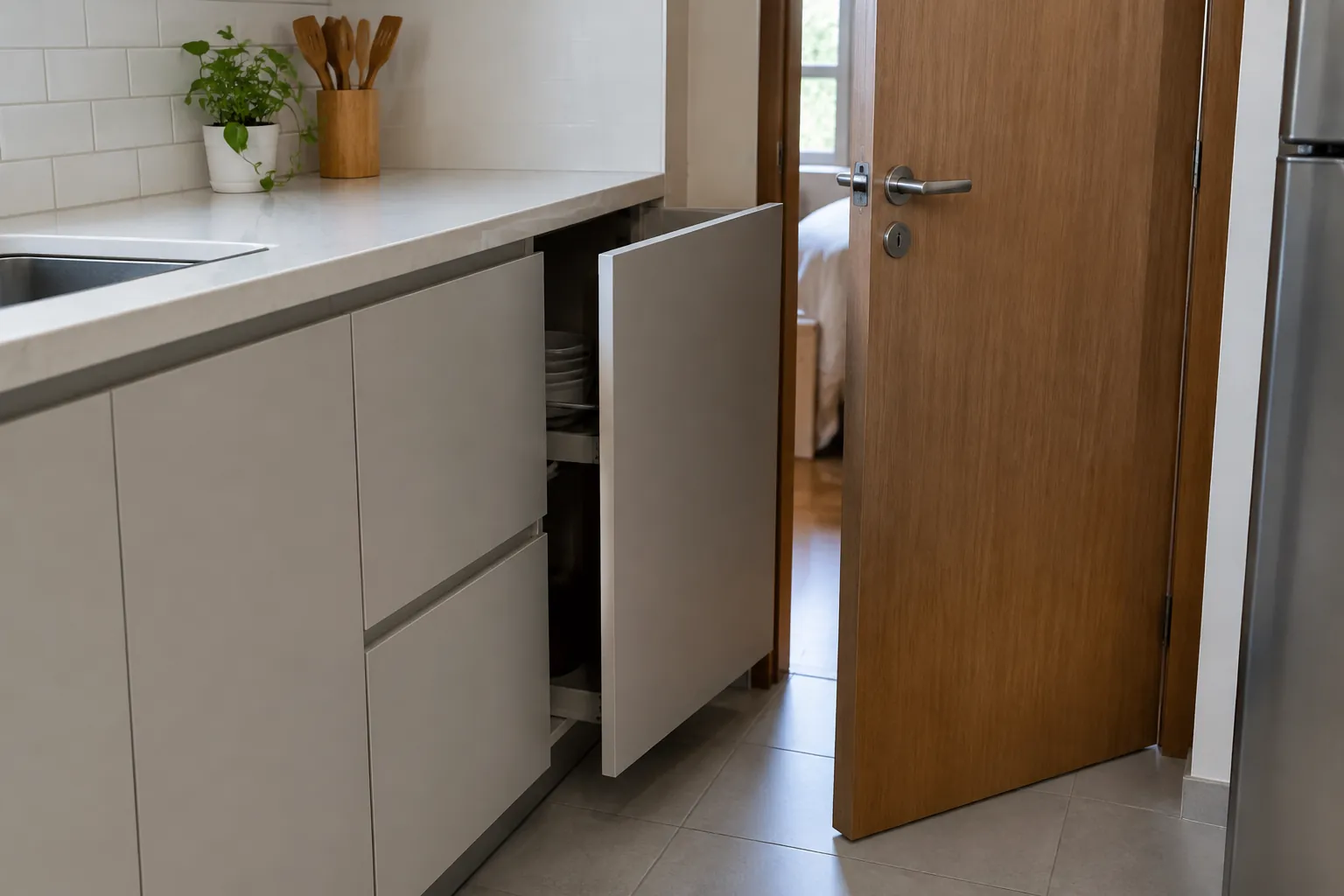 Pintu kabinet dapur yang terbuka dekat pintu ruangan
