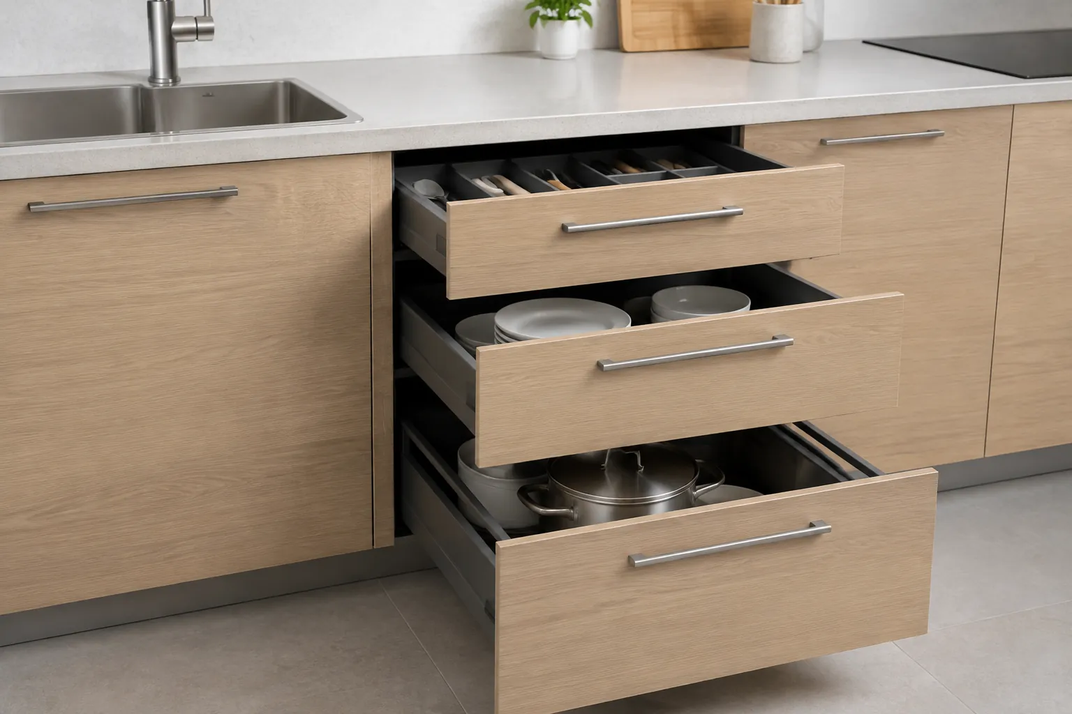 Laci penyimpanan terbuka pada kitchen set kayu