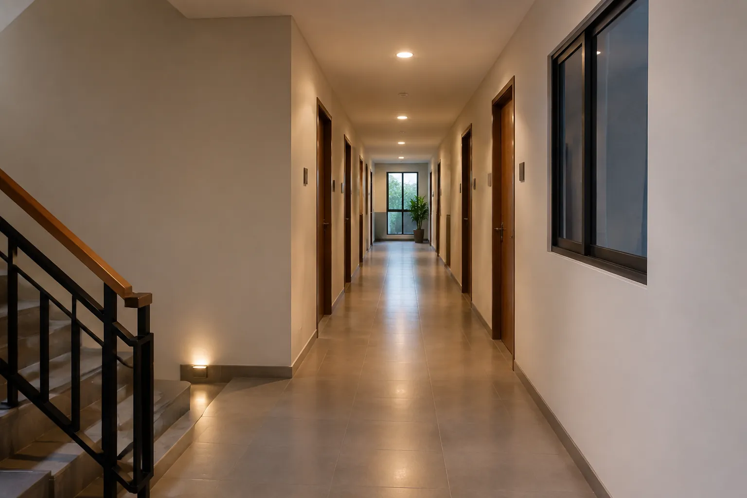 Lorong panjang dengan beberapa lampu plafon menyala