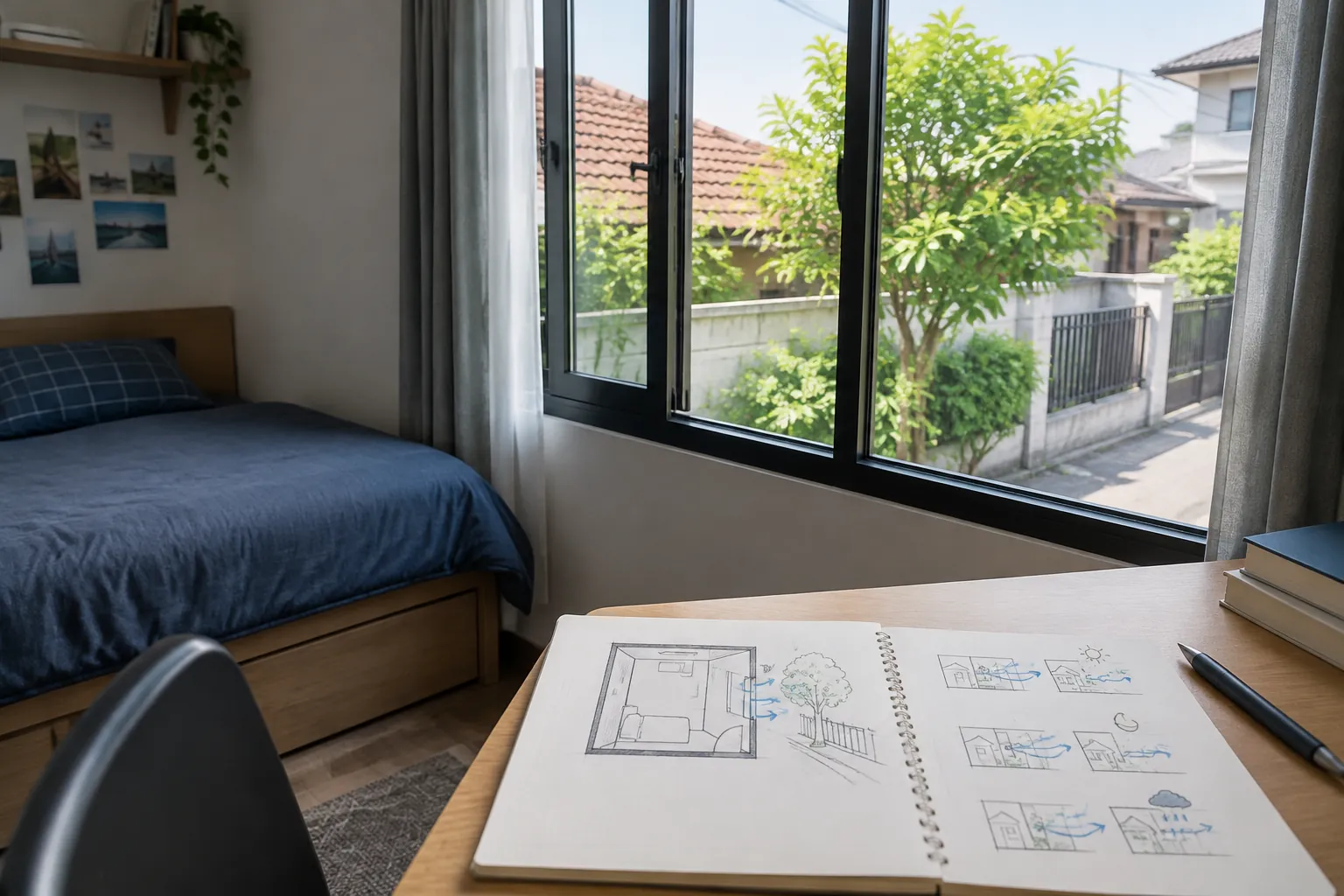 Kamar remaja dengan jendela dan meja kerja di sisi tempat tidur