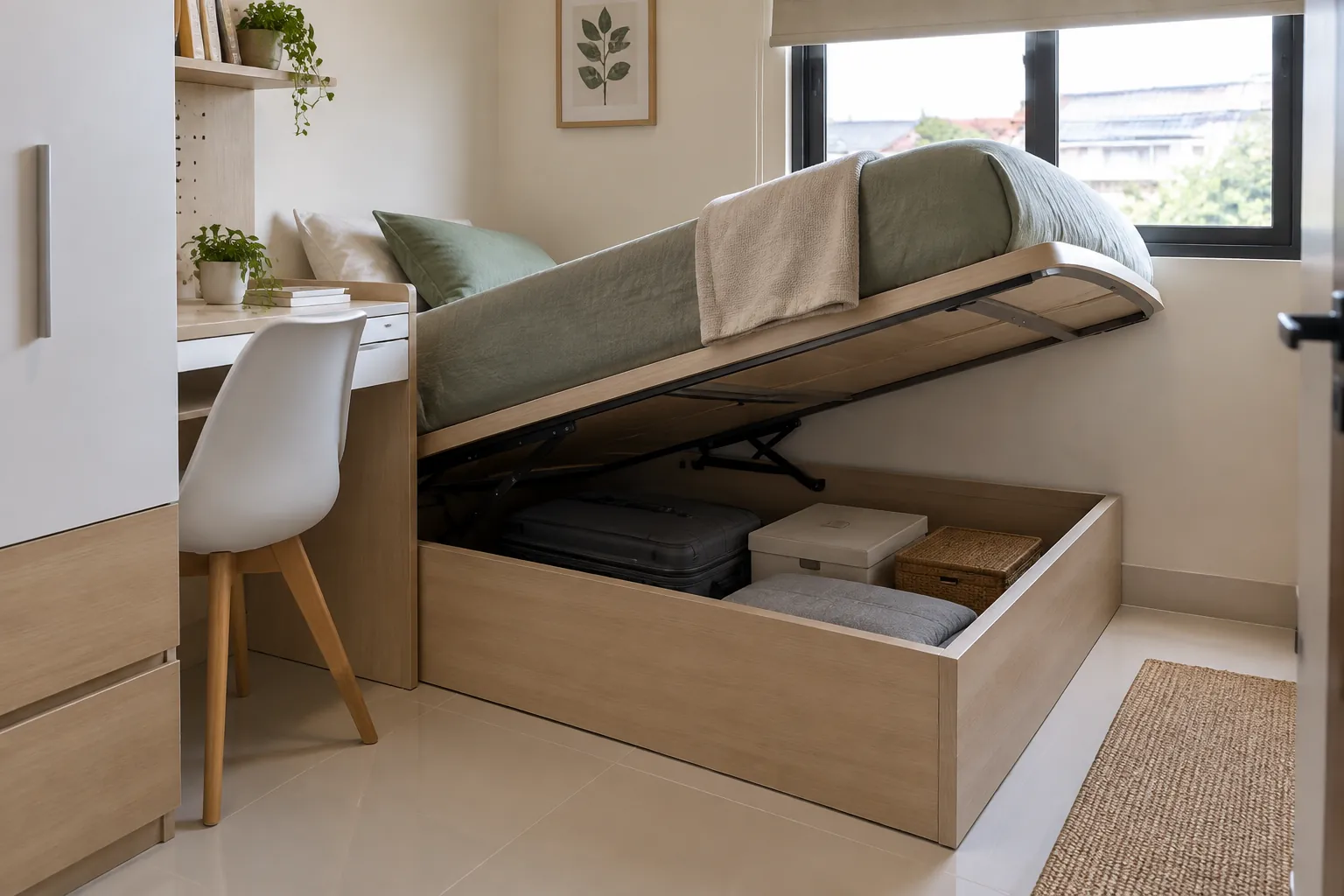 Tempat tidur dengan ruang penyimpanan di bawah alas yang terangkat