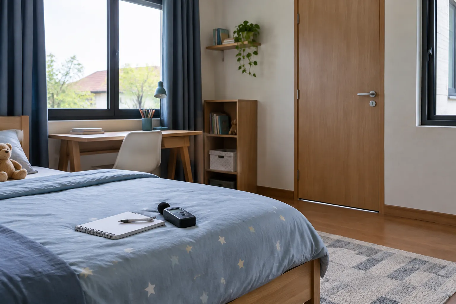 Perangkat di atas tempat tidur dan pintu kamar.