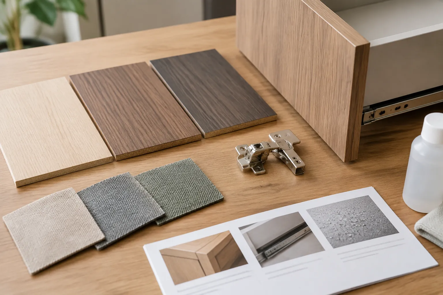 Sampel panel furnitur dan engsel di atas meja