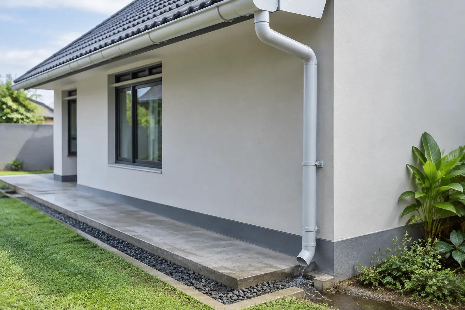 Dinding luar rumah sederhana dengan talang air dan jalur kerikil