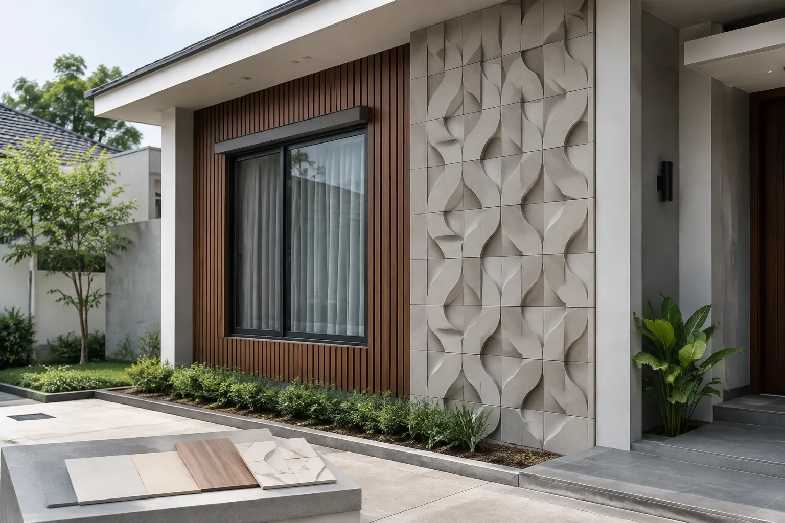 Fasad rumah dengan dua jenis tekstur dinding dan sampel pelapis