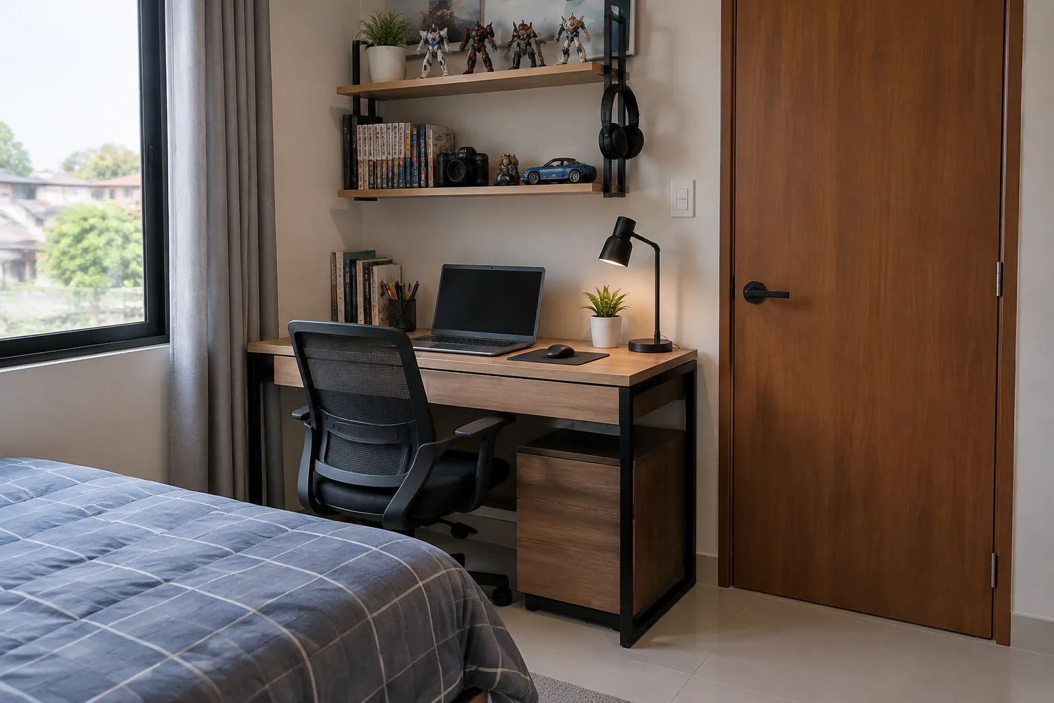 Kamar remaja dengan meja belajar di dekat pintu berkunci