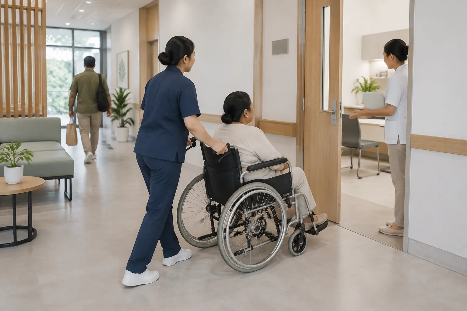 Pendamping mendorong pengguna kursi roda melalui koridor klinik