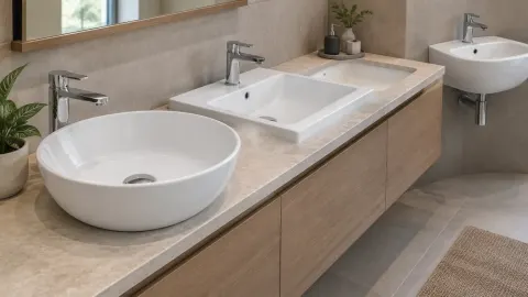 Beberapa bentuk wastafel putih pada meja kamar mandi